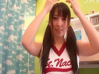 Sexy Nippon model in white panties plays with her pigtails and charges up your cock